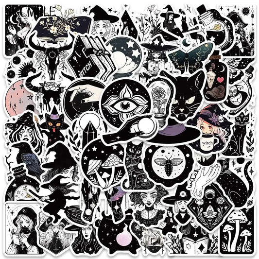 Cartoon Witch Graffiti Stickers Pack - Black & White Aesthetic Decals for Luggage, Guitar, Fridge, Laptop