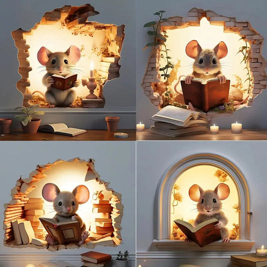 Mouse Hole Wall Sticker, Book Lover's Vinyl Decal, Reading Mouse Decor, Cute Mouse Sticker