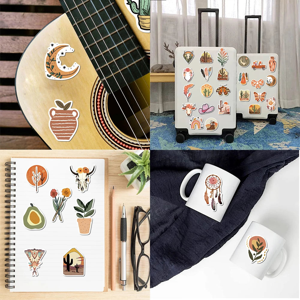 50pcs Retro Boho Stickers For Laptop Luggage Stationery Scrapbook Travel Diary Sticker Vinyl Waterproof Graffiti Decals