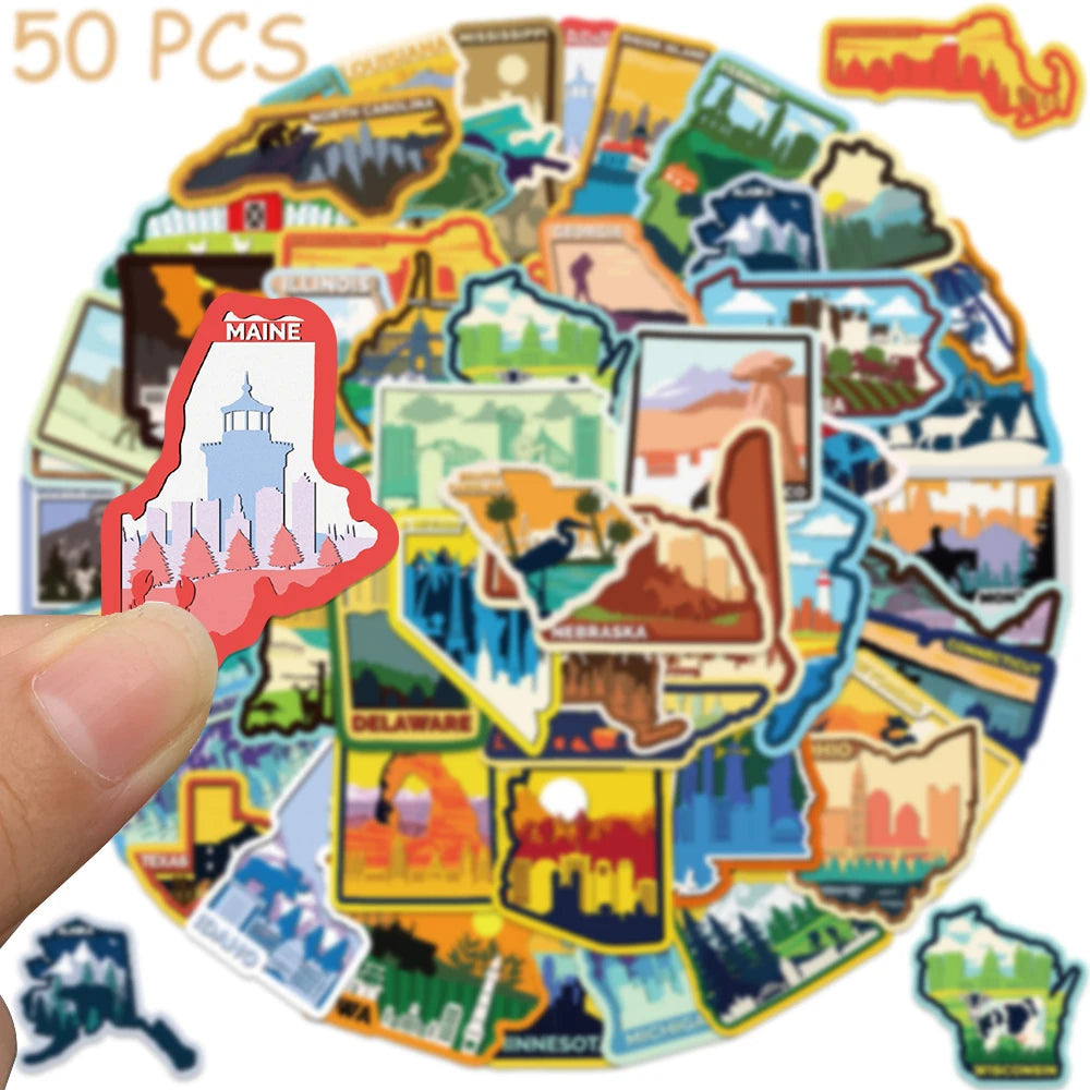 50pcs Various Continents In America Stickers Decals For Phone Laptop Luggage Skateboard Scrapbook Cartoon Aesthetic Stickers