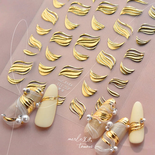 Gold Ink Brush Nail Art Stickers - Irregular Lines & Moon
