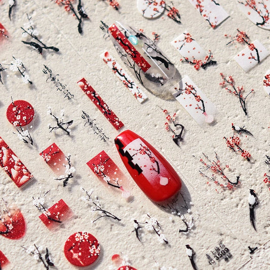 3D Chinese Flower Nail Art Stickers - Red Plum Blossom