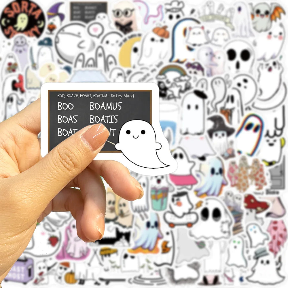 10/30/50/100PCS Cute Ghost Stickers Funny Cartoon Decals Halloween Toy For Kids Scrapbook Skateboard Notebook Fridge Decoration