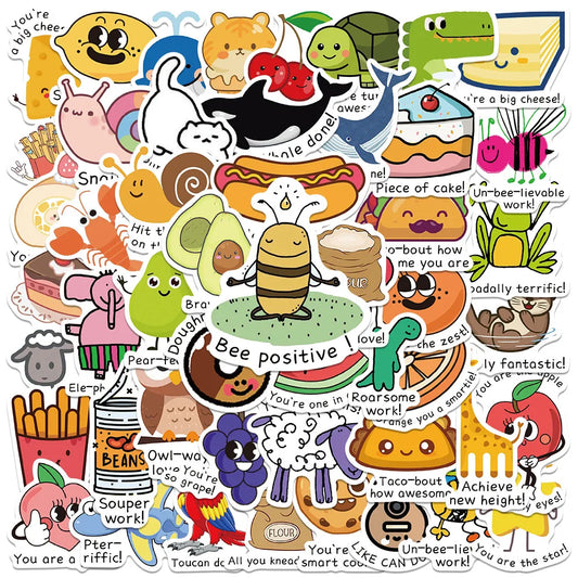 50pcs Funny Cartoon Food Animal Stickers For Kids Adults Student Reward Decals For Laptop Water Bottle Diary Vinyl Stickers