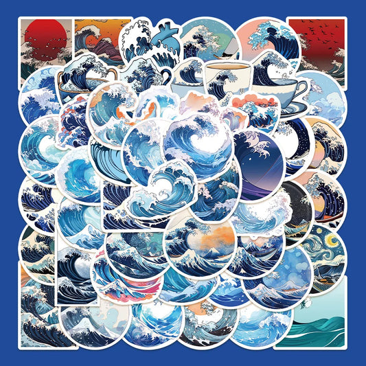 50Pcs Cartoon Yamato-e Wave Stickers for Helmet Wall DIY Decoration