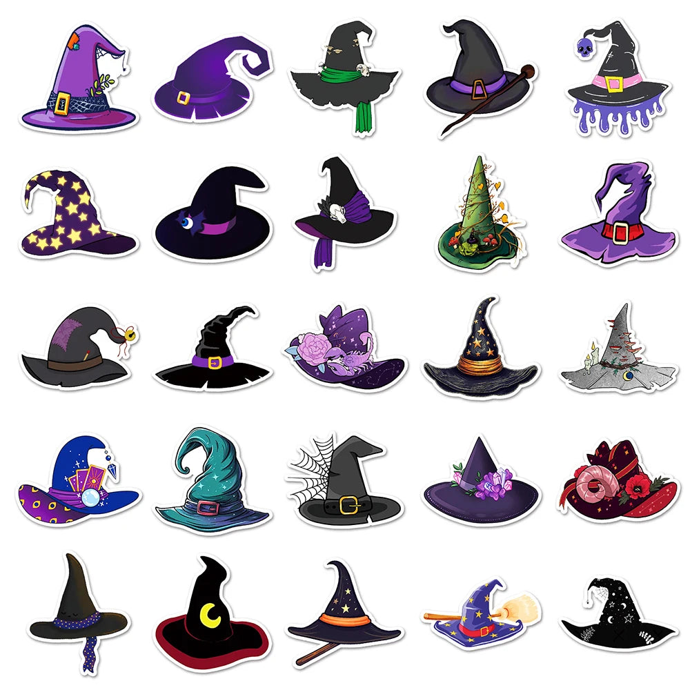 10/30/50pcs Cute Cartoon Magic Witch Hat Graffiti Stickers Laptop Skateboard Phone Waterproof Graffiti Decals Fun for Kid Gift