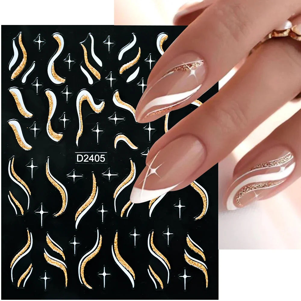 Glitter French Line Nail Stickers Gold White Stripes Decals