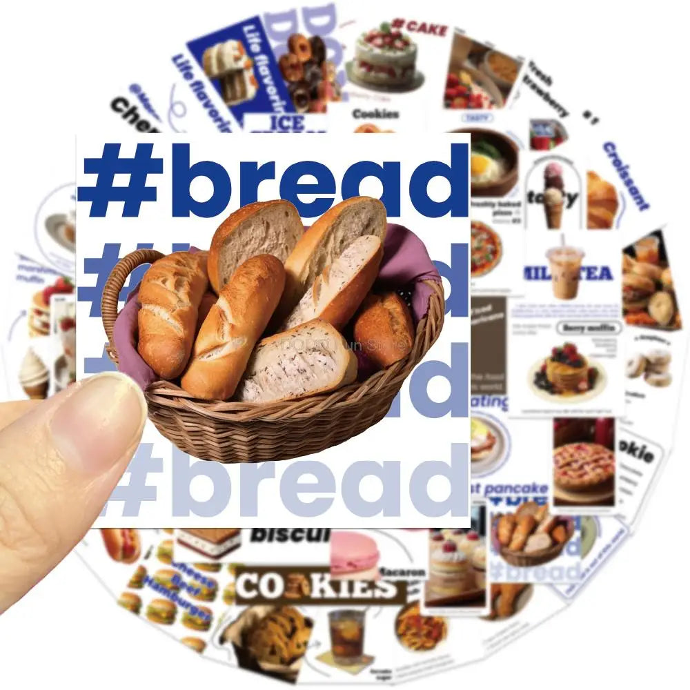 50PCS INS Wind Food Label Sticker Dessert Cake Bread Biscuit Burger Waterproof PVC Decorative Book Desktop Phone Case