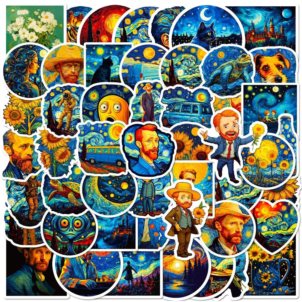 50Pcs Van Gogh Stickers Stationery Aesthetic Kids Toys Cool Items DIY Notebook Phone Skateboard Laptop Water Bottle Decal