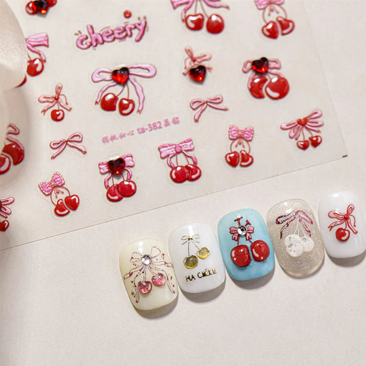 Red Heart Crystal Cherry Nail Art Sticker Decal