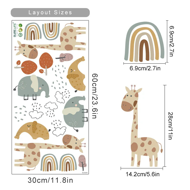 Cartoon Giraffe Elephant Wall Sticker Rainbow Tree Decals Nursery Removable Vinyl Kids Room Decor