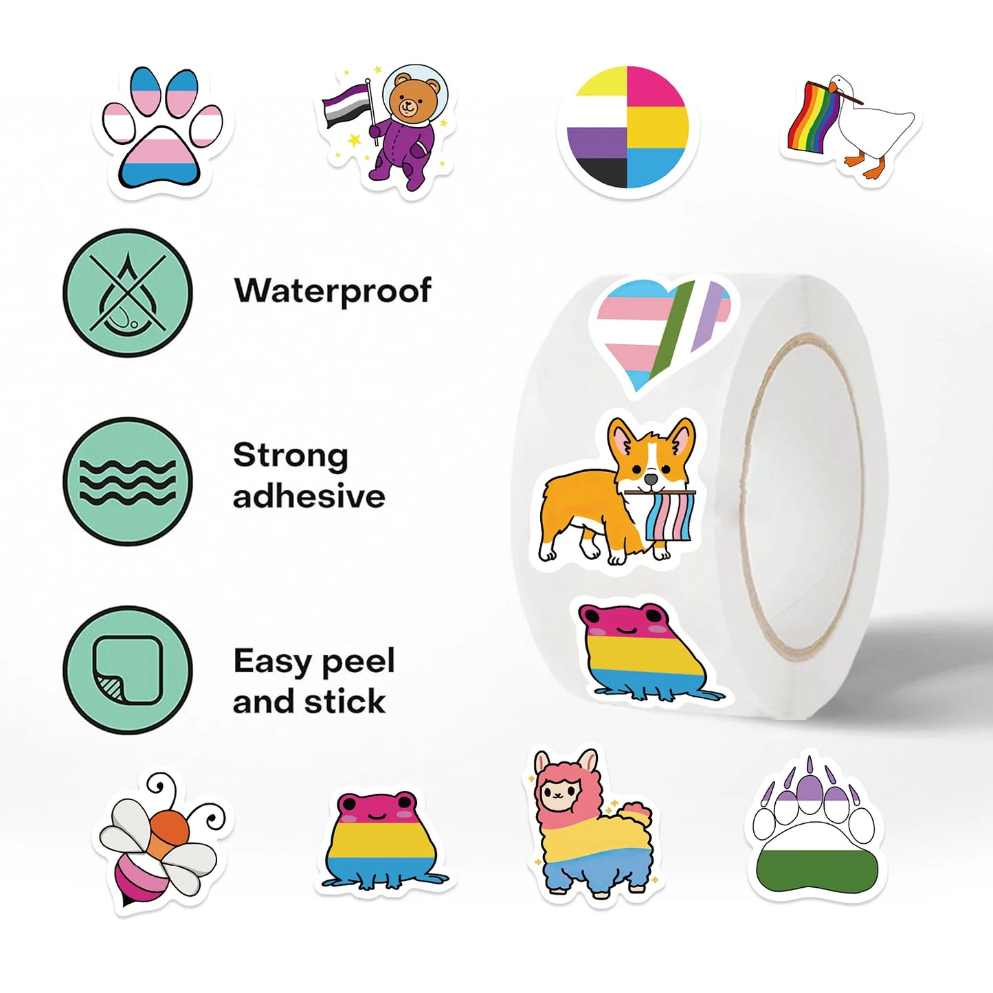 500pcs Rainbow LGBTQ Stickers Roll for Kids for School Reward Decals Students Teachers Cute Animals Stickers Labels