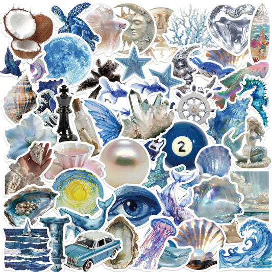 50pcs Silver Blue Sea Ins Sticker Waterproof Graffiti Cartoon Stickers For Luggage Laptop Guitar Phone Skateboard Vinyl Decals