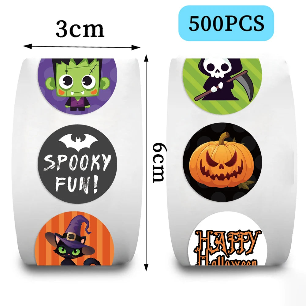 500pcs/Roll Halloween Horror Cartoon Round Sealing Stickers DIY PVC Laptop Decals Decoration Stiker Reward Gift Toys