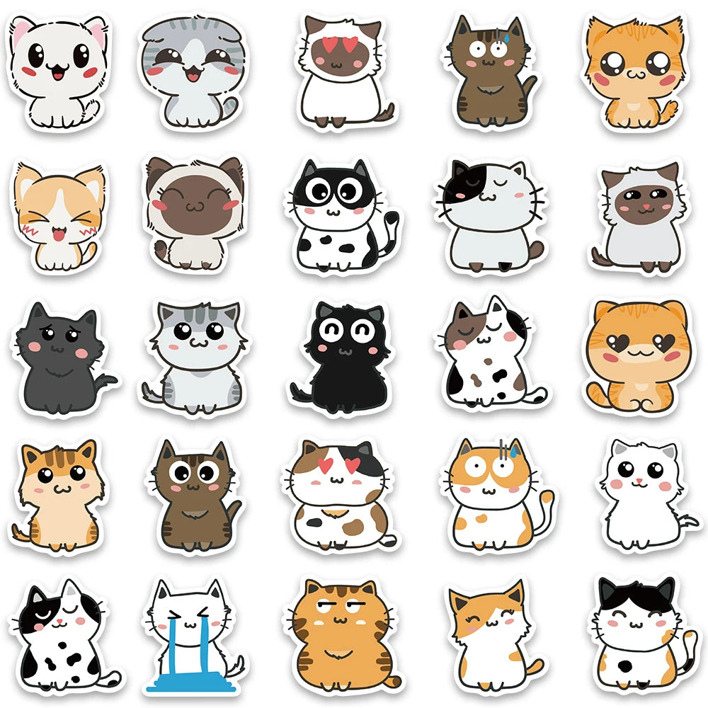 50pcs Funny Cute Cartoon Cats Meme Stickers Vinyl Laptop Phone Decals For Luggage Guitar Stationery Waterproof Graffiti Toy