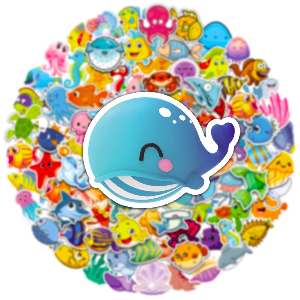 10/30/50/100pcs Cute Marine Animals Stickers Ocean World Cartoon Decals Kids Toy Scrapbook Laptop Luggage Phone Graffiti Sticker