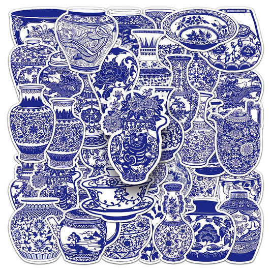Blue White Porcelain Stickers 10/30/50PCS for Phone Laptop Luggage Skateboard Decals Kid Gift