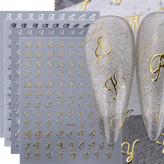 Roman Letter Nail Stickers: Gold, Silver, Black, White Alphabet Decals for DIY Manicure Decor