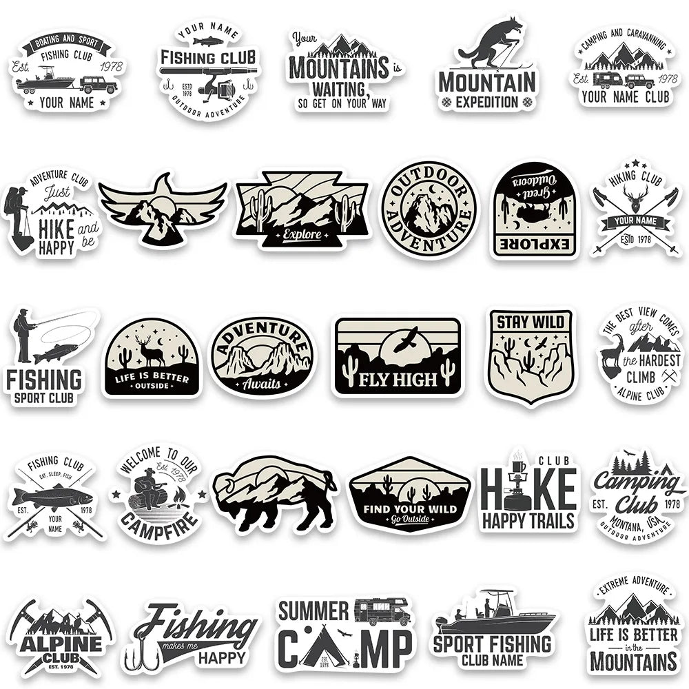 50Pcs Black and White Outdoor Sports Stickers Classic Car Motorcycle Skateboard Phone Laptop Adventure Stickers Wholesale