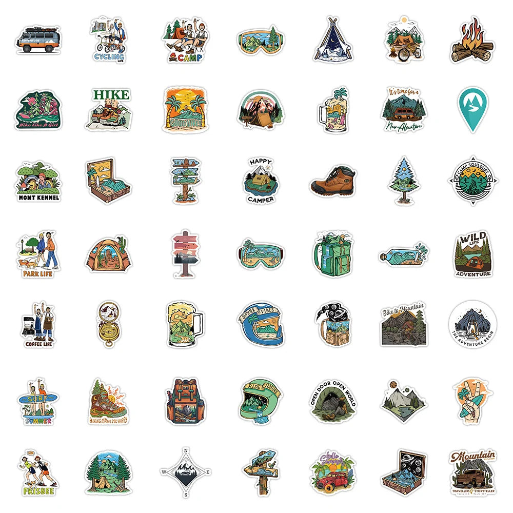 10/30/50pcs Camping Hiking Stickers Outdoor Travel Stickers Waterproof Cars Skateboard Motorcycle Bike Cartoon Sticker Kids Toy