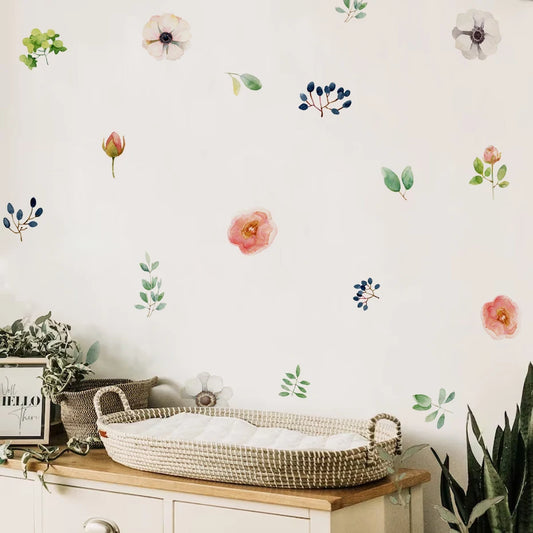 Watercolor Boho Flowers Leaves Wall Stickers Nursery Room Decor Removable Vinyl Decal