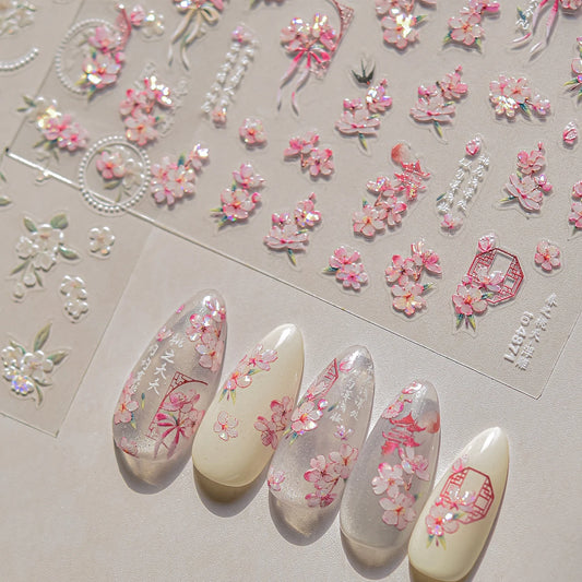 Spring Floral Nail Art Stickers - Peach & Swallow Design