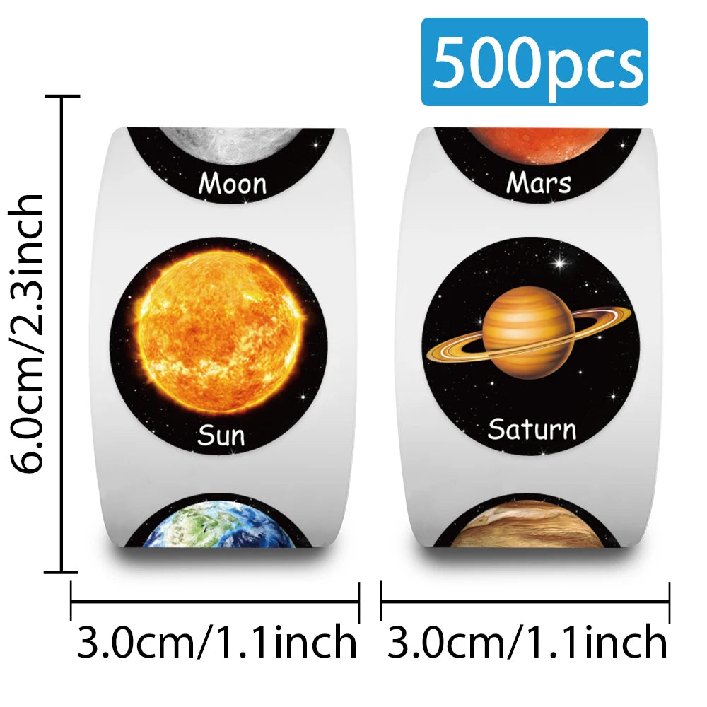 500pcs/roll Cute Cartoon Out Space Planets Stickers Kids Students Reward Decals Luggage Laptop Guitar Vinyl Decals (10 Patterns)