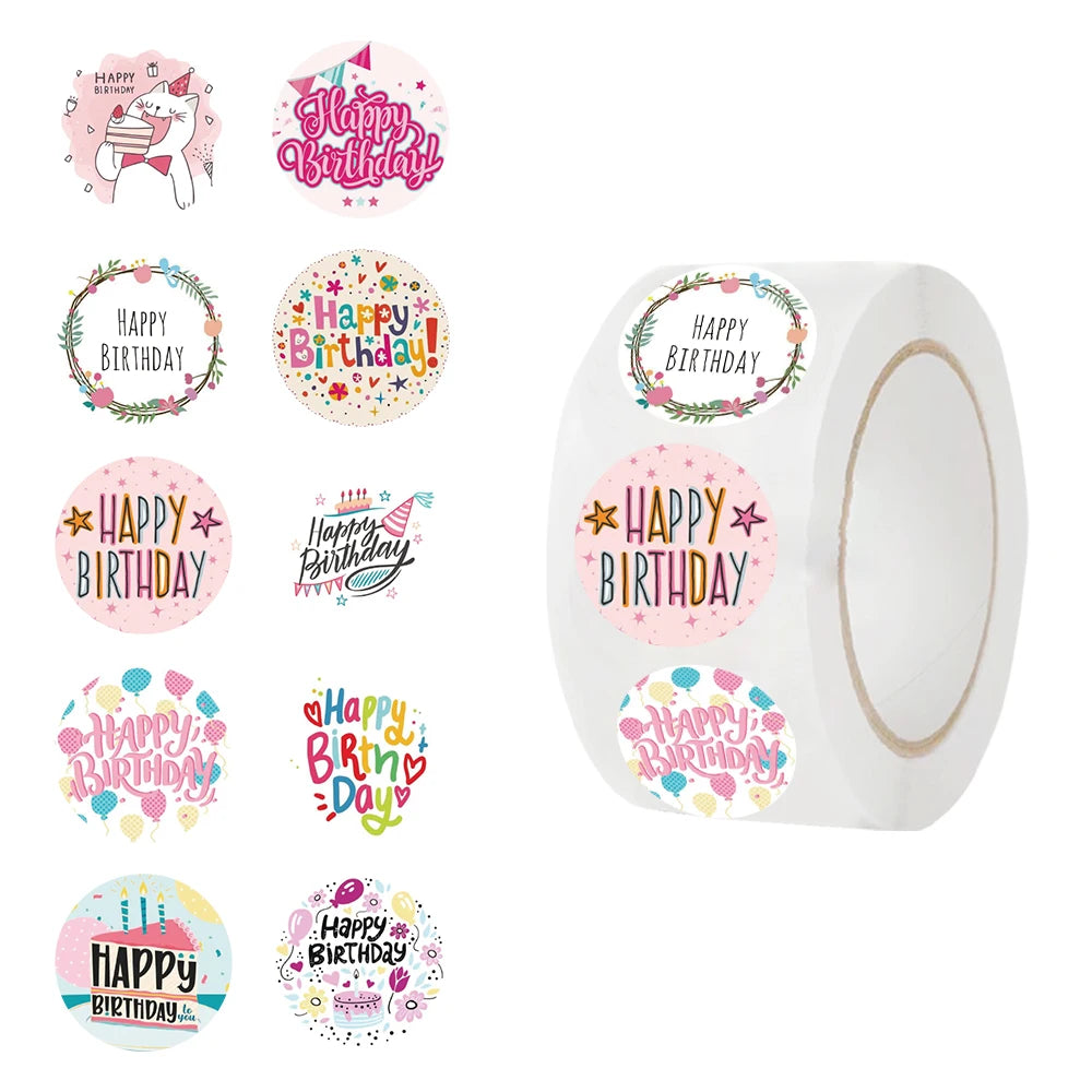 500pcs Round Labels Happy Birthday Sticker Candy Bag Flower Cake Boxes Gift Packaging Wedding Grateful Decorative Seal Stickers