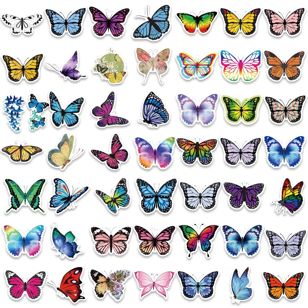 50PCS Pretty Colorful Butterfly Animal Waterproof Graffiti Sticker Phone Fridge Guitar Motorcycle Luggage Cartoon Decal