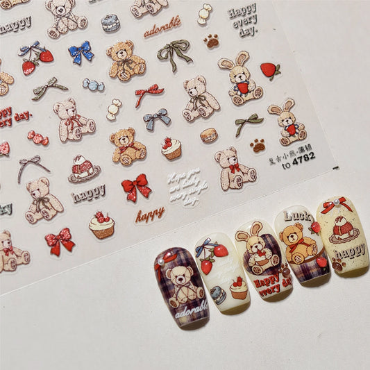 Retro Bear Bunny 3D Nail Art Stickers Decals
