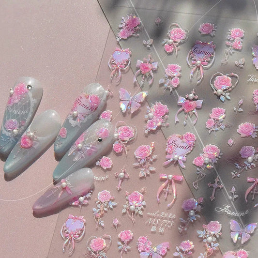 3D Pink Rose Butterfly Nail Art Stickers Spring Manicure