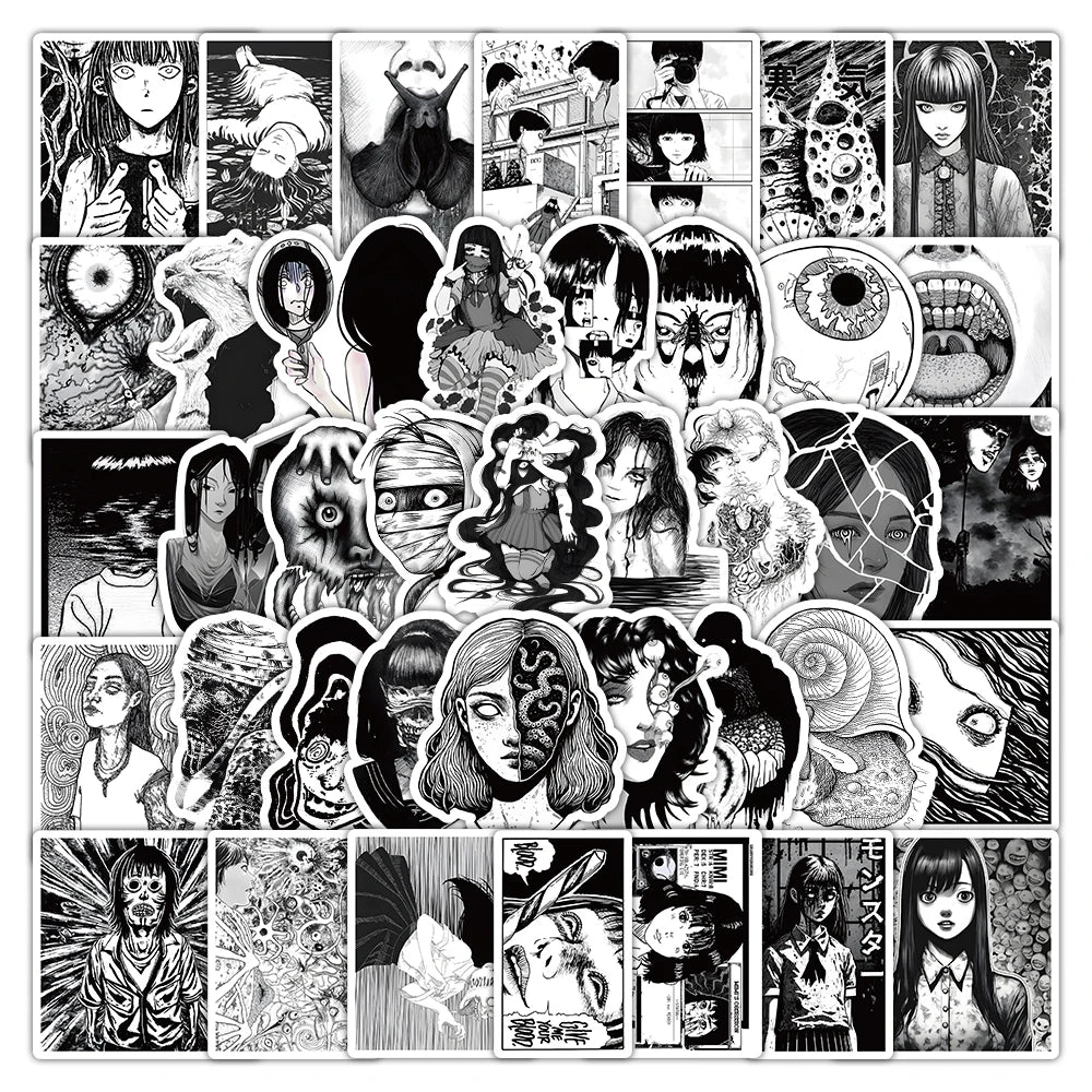 53pcs Black & White Horror Anime Stickers for Wall Decoration with Storage Box