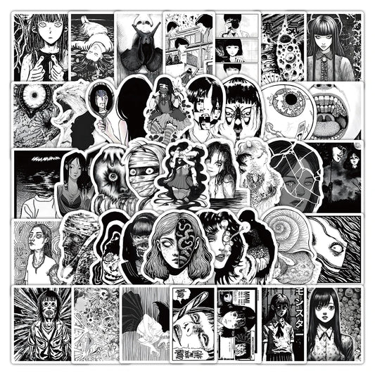 53pcs Black & White Horror Anime Stickers for Wall Decoration with Storage Box
