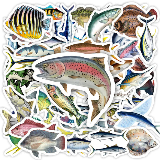 Mixed Fish Fishing Stickers Ocean Fish DIY Toy Gift Decorative Decal for Phone Laptop Bottles Luggage Waterproof