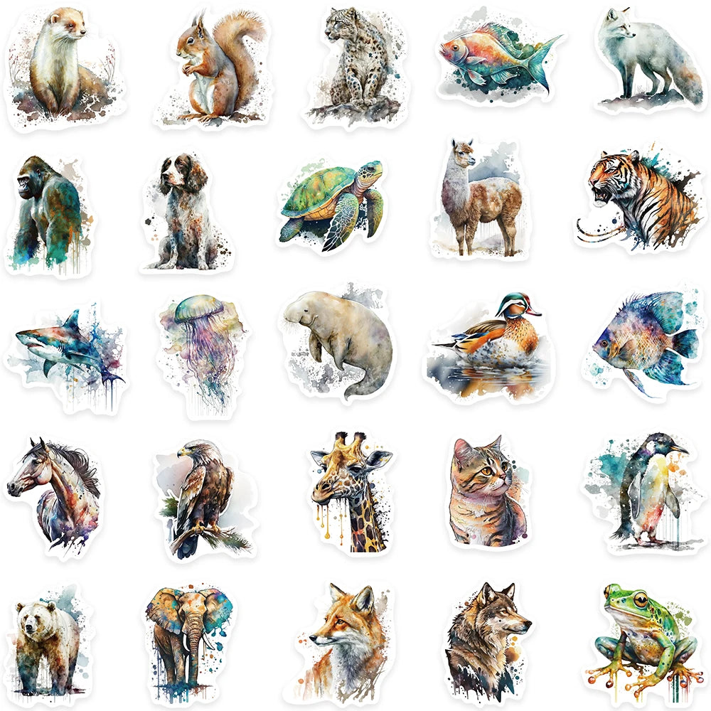 50pcs Aesthetic Watercolor Painting Animals Stickers For Laptop Water Bottle Luggage Guitar Waterproof Graffiti Vinyl Decals