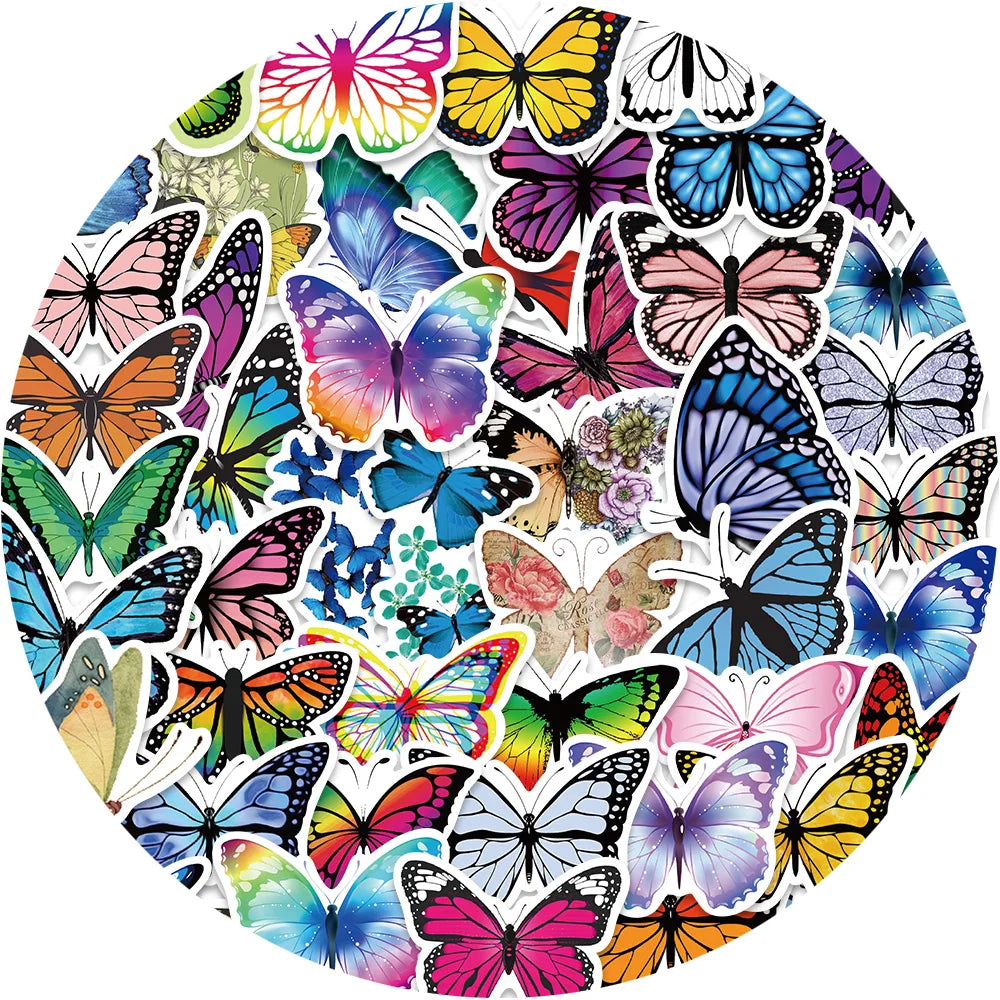 50PCS Pretty Colorful Butterfly Animal Waterproof Graffiti Sticker Phone Fridge Guitar Motorcycle Luggage Cartoon Decal