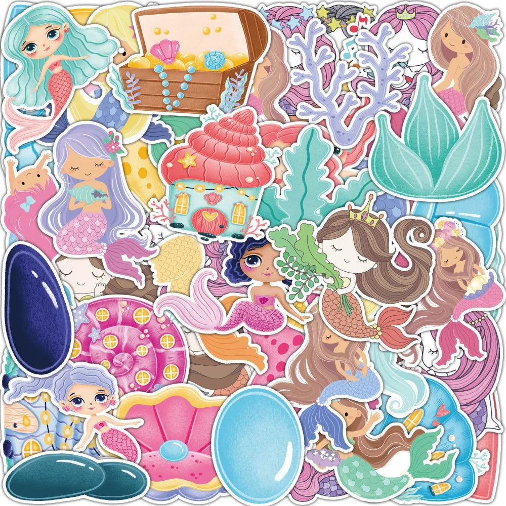 10/50PCS Cute Pink Purple Mermaid Underwater Animal Sticker Bike Travel Luggage Laptop Cartoon Sticker Decals for Kid Gift