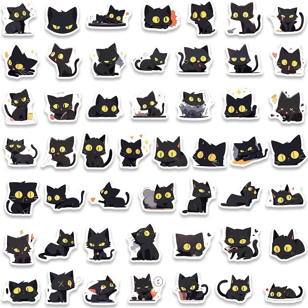 100pcs Cute Cartoon Animals Black Cats Stickers For Laptop Guitar Phone Luggage Decor Waterproof Graffiti Bicycle Car Decals