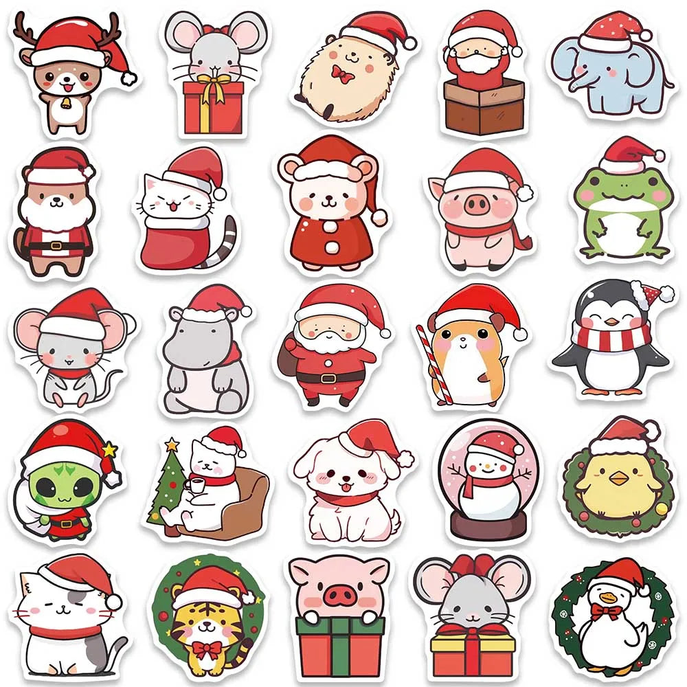 50pcs Cute Cartoon Merry Christmas Animals Stickers For Laptop Water Bottle Luggage Guitar Waterproof Graffiti Vinyl Decals