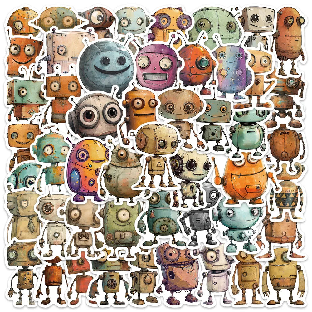 50pcs Cute Cartoon Whimsical Robots Stickers For Laptop Water Bottle Luggage Notebook Waterproof Graffiti Vinyl Decals