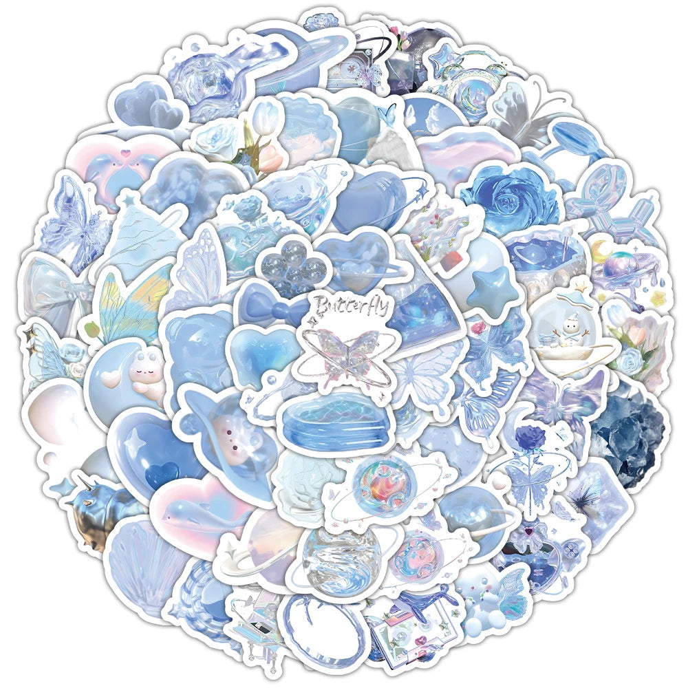 Blue Aesthetic Cartoon Stickers for Laptop, Fridge, Suitcase, Diary - 10/30/50/100pcs