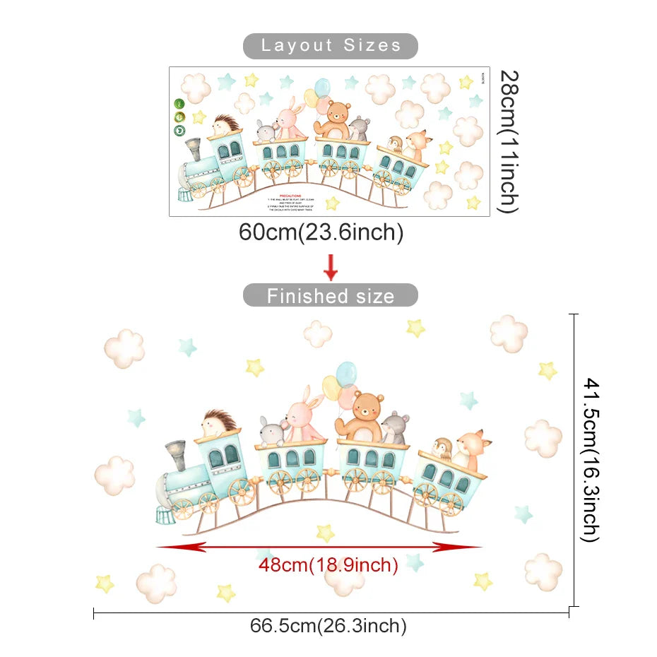 Cartoon Animal Train Wall Stickers for Kids Nursery Bedroom Decals
