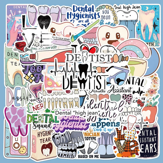 50Pcs Cartoon Teeth Health Stickers for Helmet, Wall, DIY Decor