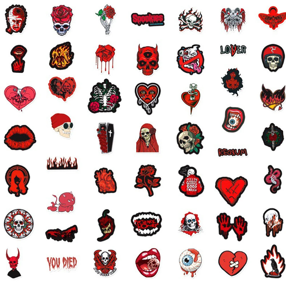 10/30/50PCS Cool Black Red  Gothic Skull Horror Stickers Graffiti Toys DIY Fridge Laptop Phone Notebook Luggage Car Sticker Gift