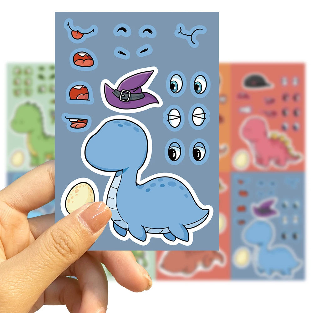 8/16Sheets Cute Dinosaur Puzzle Stickers Make-a-Face Games Toy Create Your Own DIY Funny Cartonn Assemble Jigsaw Children Gift