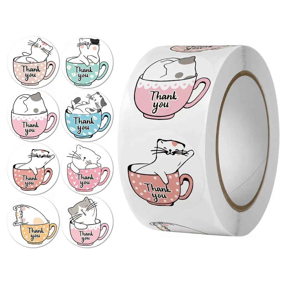 100-500pcs Thank You Cats Stickers For Kids Reward Stickers Thanksgiving Labels Toys 6 Beautiful Designs Stationery stickers