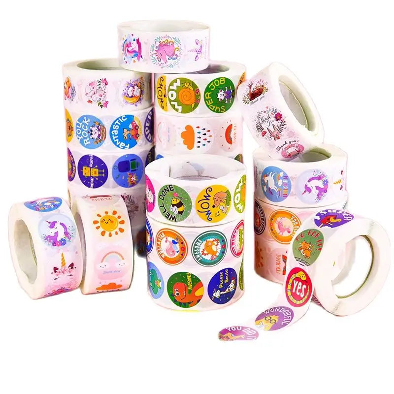 500Pcs Children's Cartoon Animal Stickers Baby Stickers Kindergarten Inspirational Little Red Flower Reward Roll Stickers