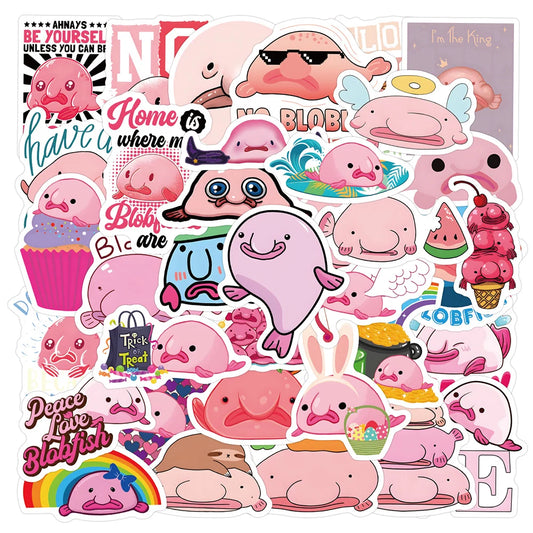 Blobfish Cartoon Stickers Pack - Cute Pink Animal Decals for Laptop, Suitcase, Phone, Scrapbook