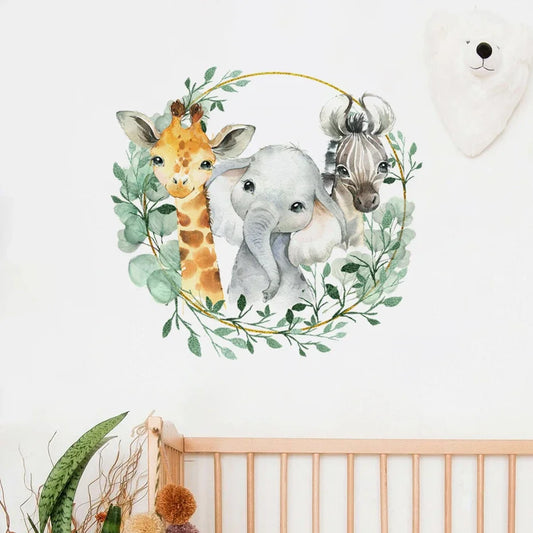 Elephant Giraffe Tropical Leaves Wall Stickers Nursery Decals Kids Room Decor