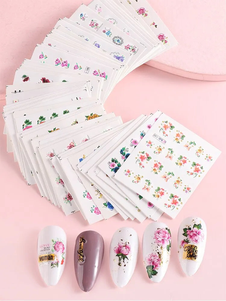 55pcs Floral Lace Nail Stickers Set Glitter Charms Decals for Manicure Decorations